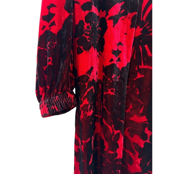 Masai Red Black Floral Velvet Midi Dress Long Sleeve Boho Chic Scandinavian‎ L - Picture 6 of 8